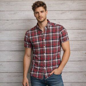 Men’s Uniqlo Button Up Shirt Sz M Red White Plaid Linen Blend Short Sleeve